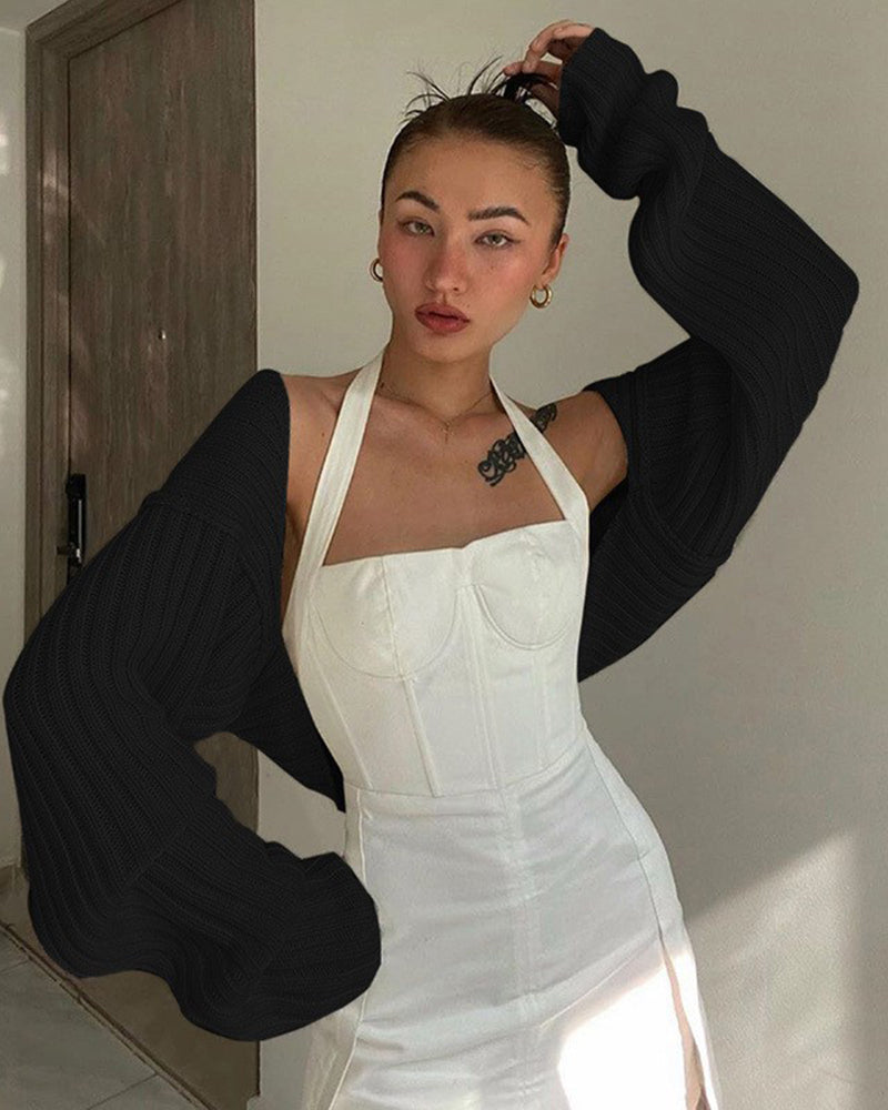 Puff Long Sleeve Rib Knit Short Fleece Cropped Cardigan