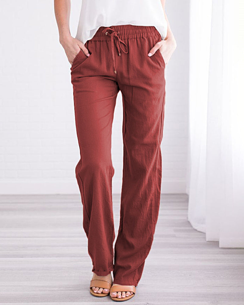 Solid Color Drawstring Elastic Waist Pants Casual Trousers with Pockets