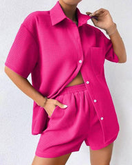 Casual Two-Piece Short Sleeve Lapel Cardigan Top and Shorts Loungewear Sets