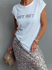 Two Piece Outfits Short Sleeve Round Neck T-Shirt Sequined Long Skirt Sets