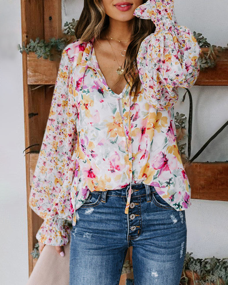 Long Sleeve Boho Drawstring Floral Print V Neck Shirt Buttoned Blouse Casual Tunic Tops