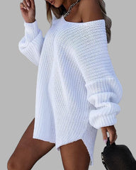 Loose Mid-length Off-shoulder V-neck Slit Knitted Sweater