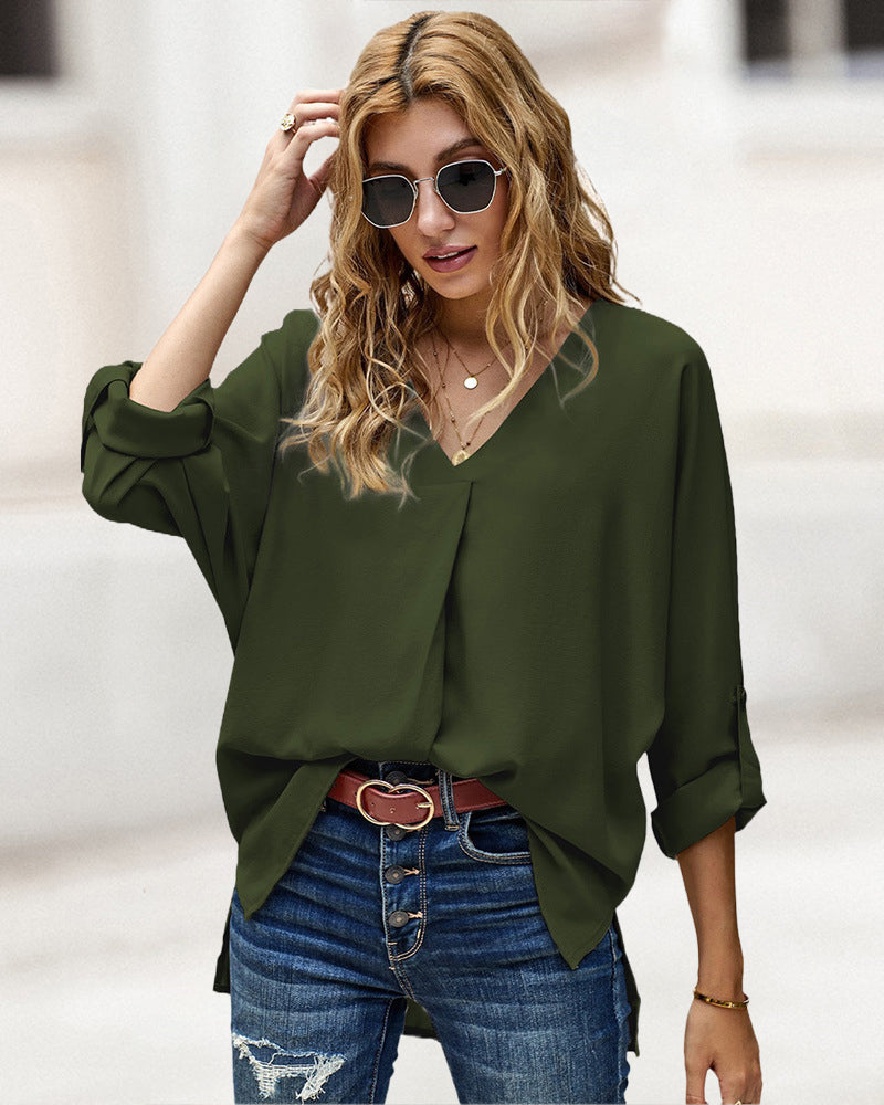 V-Neck Long Sleeve Buckle T-Shirt Plain Shirts Shirt Top Elegant Shirts Casual Slim Fit Basic