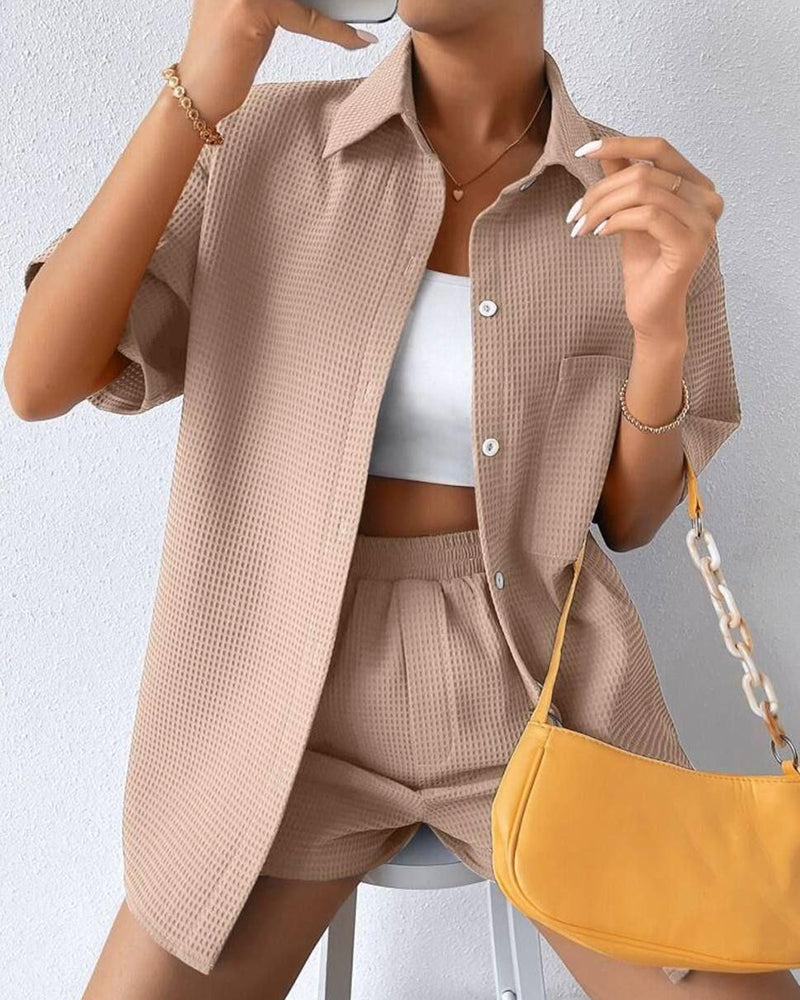 Casual Two-Piece Short Sleeve Lapel Cardigan Top and Shorts Loungewear Sets