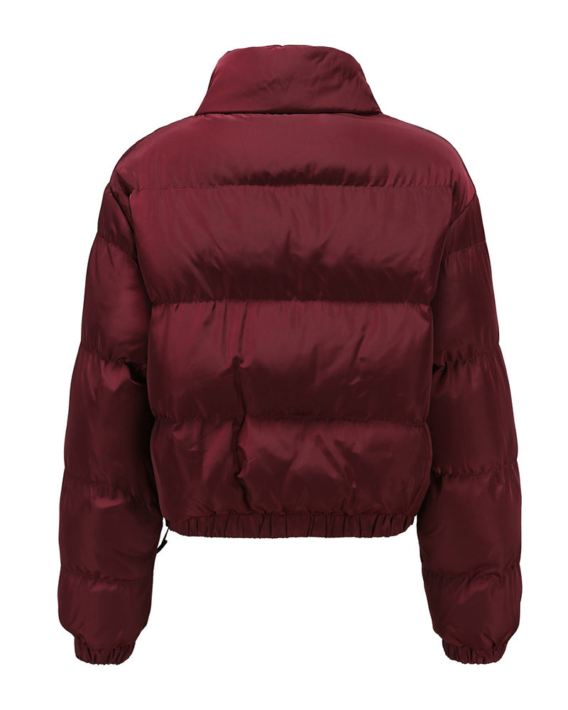 Short Puffer Jacket Stands Up Button Zipper Outerwear