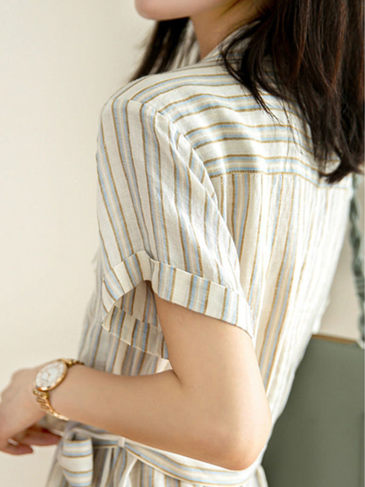 Short Sleeve Vertical Stripe Waist Shirt Dress with Belt