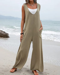 Wide Leg Jumpsuit Sleeveless V-Neck Casual Loose Jumpsuit Comfy Baggy Tank Romper with Pockets