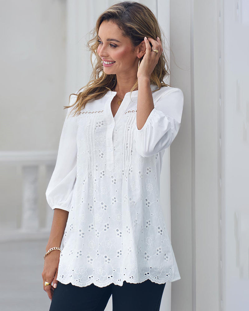 Lace Crochet V Neck Half Sleeve Embroidery Button Down Blouses Casual Shirts