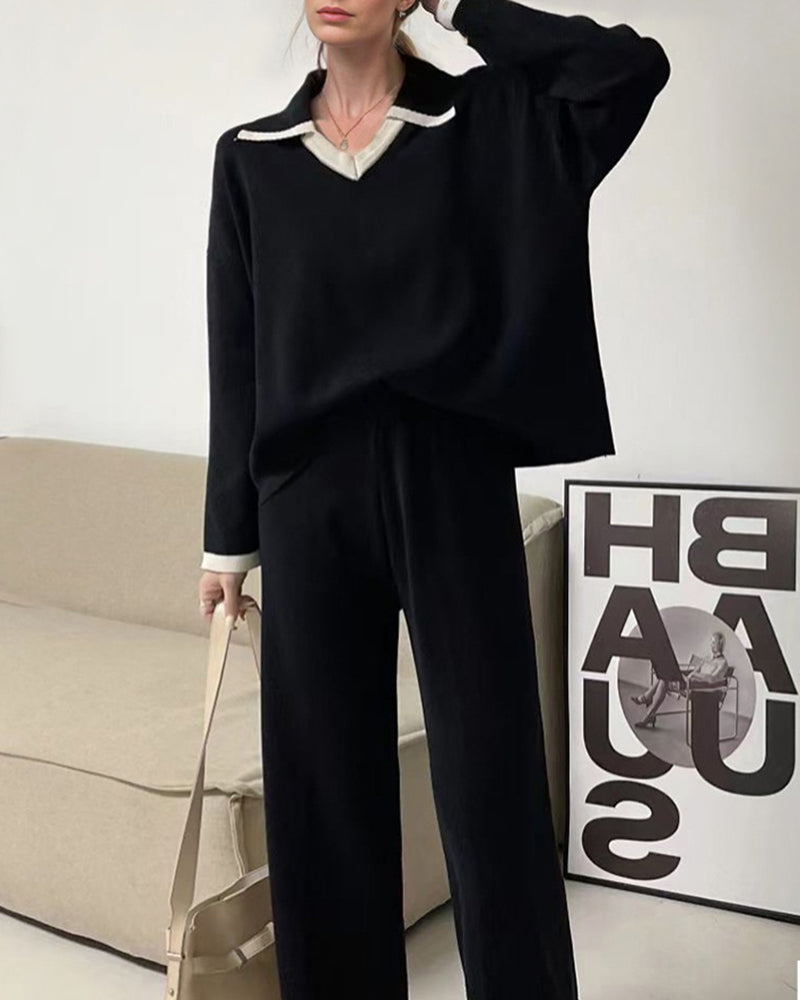 Loose Knitted Two-piece Set Sweaters Pullovers Jumpers + Wide Leg Pants