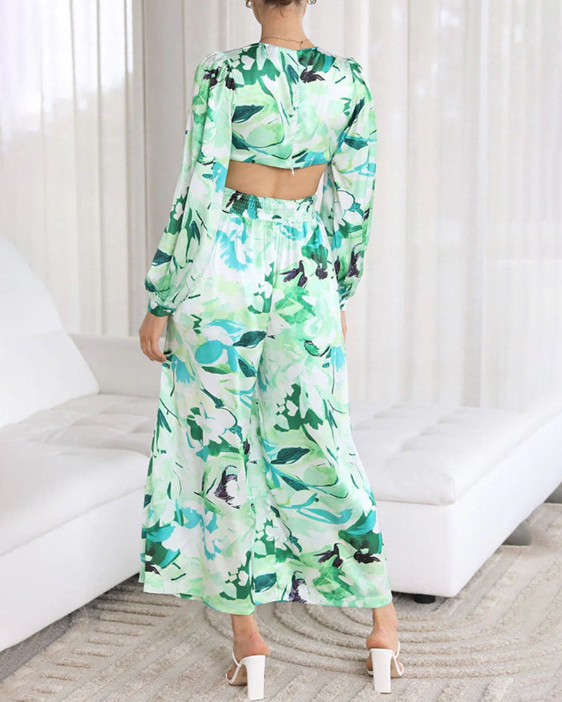 Boho Floral Printed V Neck Lantern Long Sleeve Waist Cut Out Back Casual Jumpsuit Romper