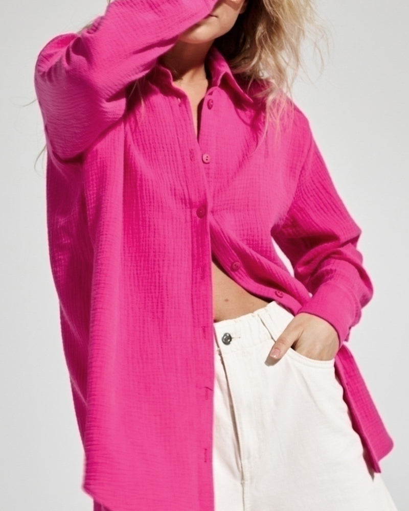 Solid Color Long Sleeve Cotton Crepe Shirt