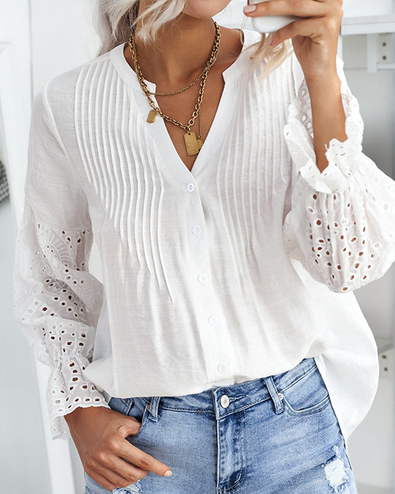 Lace Splicing Button Elegant Long Sleeve Tops Tops Regular Fit Top Fashion Lace Patchwork Shirt