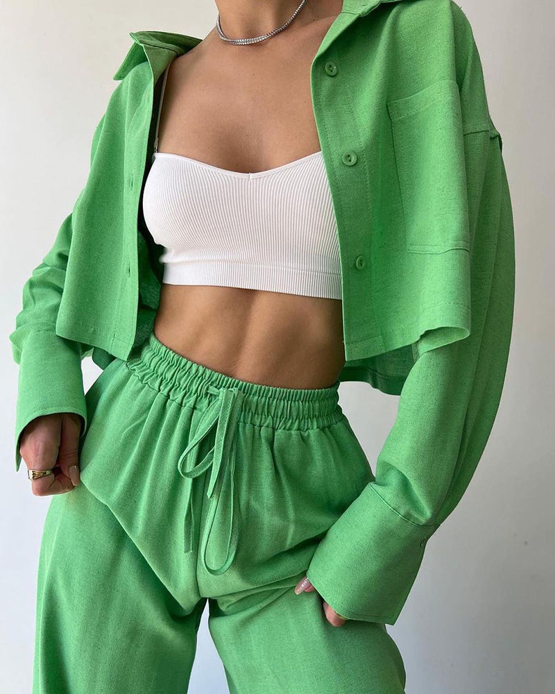 Two Piece Outfits Casual Lounge Sets Long Sleeve Short Casual Shirt with Drawstring Trousers Set