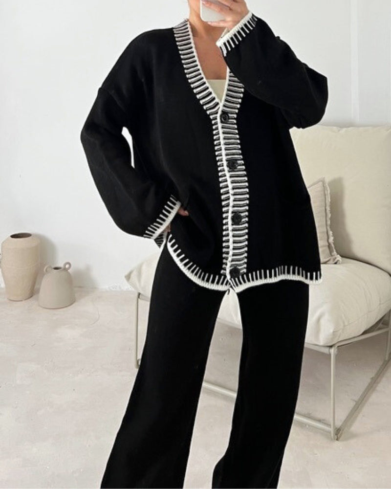 Casual Two-pieces Outfits Contrast Trim Knitted Cardigan and Trousers Pants Sets