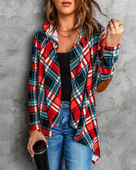 Elbow Patch Hooded Plaid Cardigan