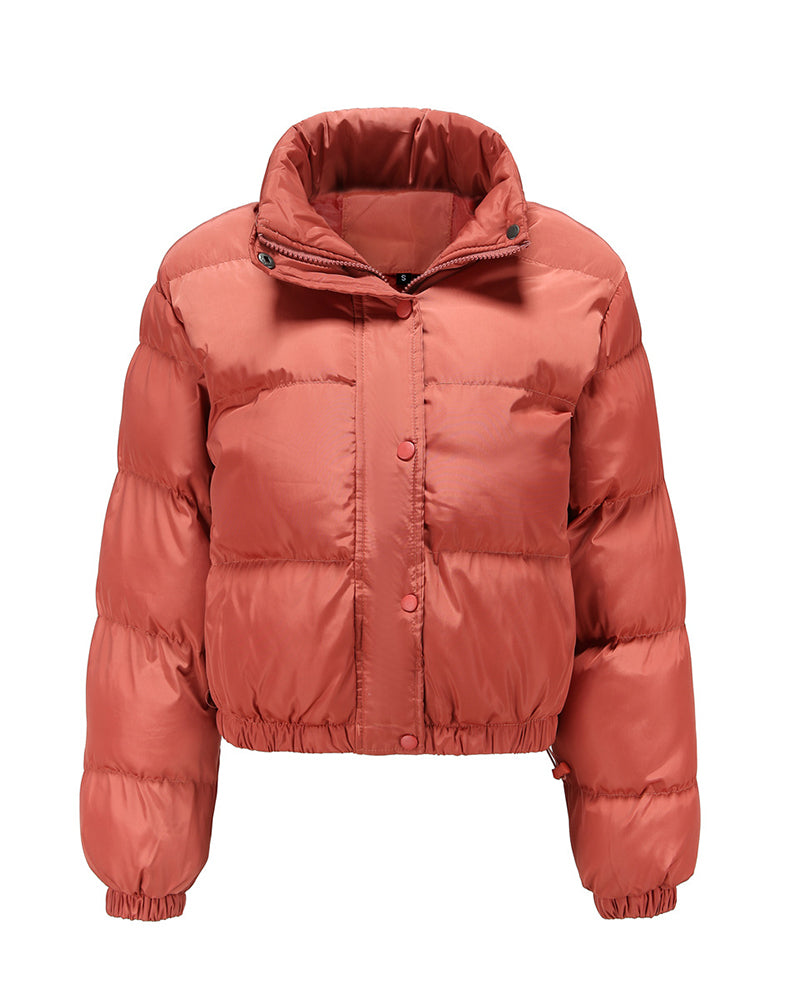 Short Puffer Jacket Stands Up Button Zipper Outerwear