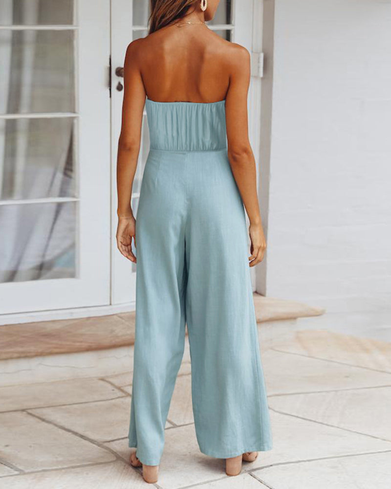 Solid Off Shoulder Bandeau Tube Tops Wide Leg Jumpsuit One Piece Cutout Tie Knot Romper Outfit