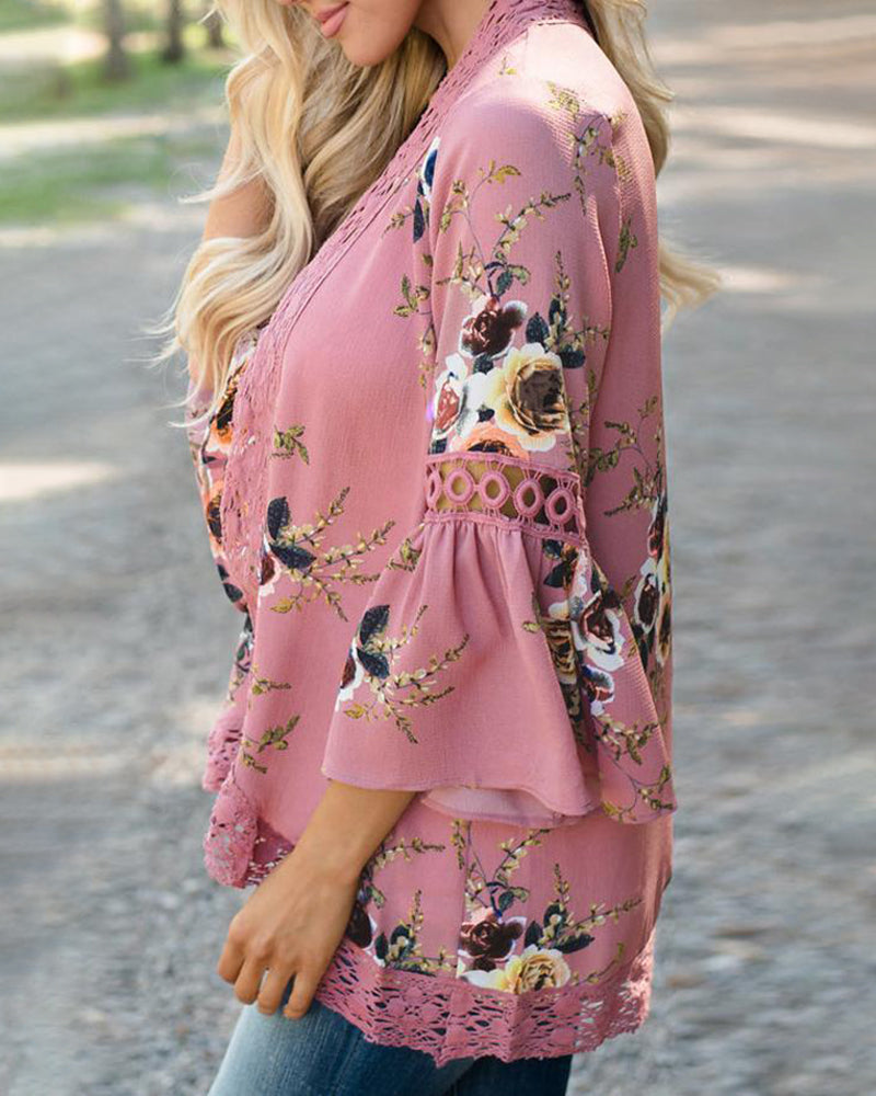 Flare Sleeve Floral Print Lace Blouse Cardigan