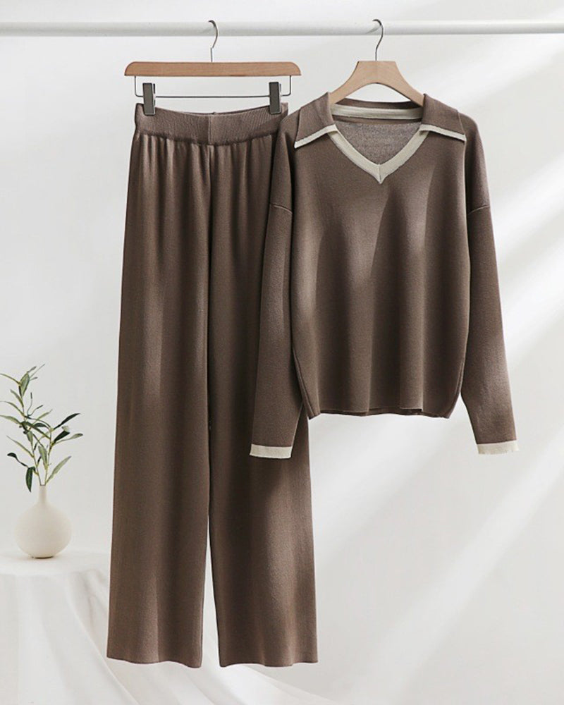 Loose Knitted Two-piece Set Sweaters Pullovers Jumpers + Wide Leg Pants