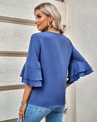 Chiffon Shirt 3/4 Sleeve V Neck Blouses Elegant Split Sleeve Shirt Tops