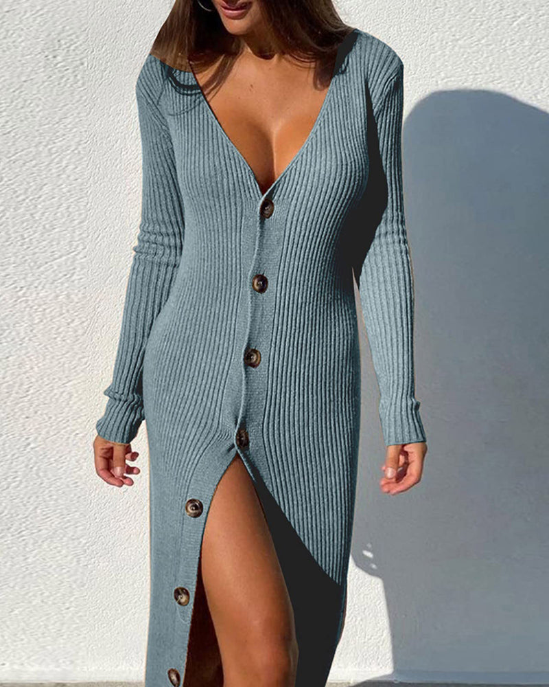 Knit Thread Button Long Sleeve Cardigan Dress