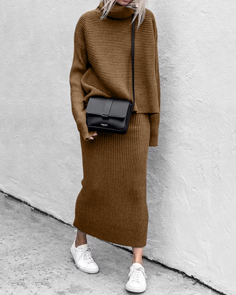 Casual Two Pieces Knitted Turtleneck Sweater Top Long Skirts Lounge Set