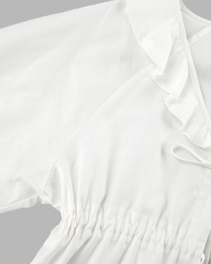 White Two-Piece Lantern Sleeve V-Neck Top and Shorts Set