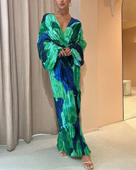 Casual Long Sleeve Pleated Long Dress Loose Deep V Neck Holiday Beach Cover Ups