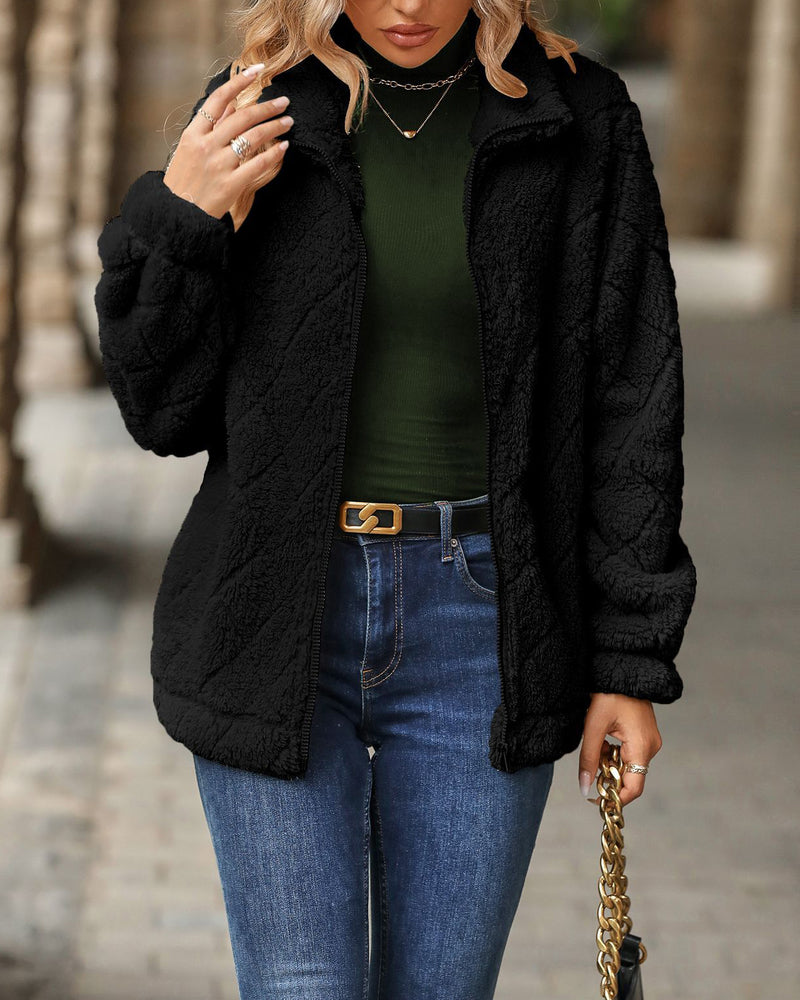 Zipper Plaid Fleece Pockets Women's Coat Cardigan