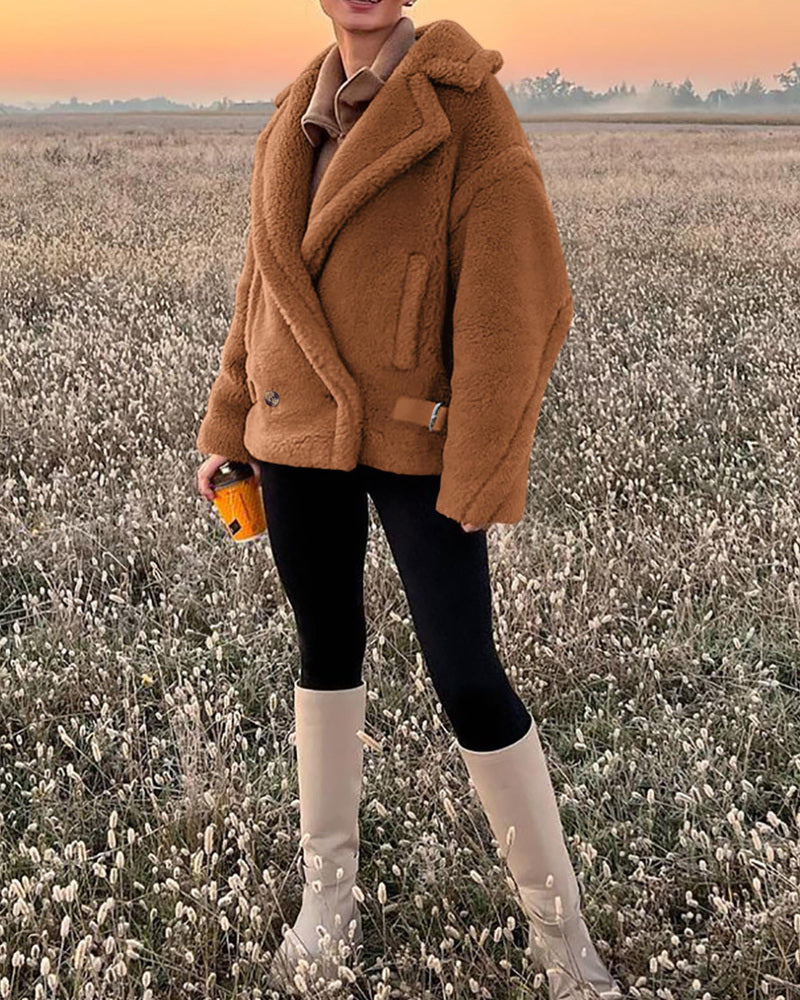 Lapel Fleece Jacket Long Sleeve Pockets Faux Fur Dressy Fall Outfits