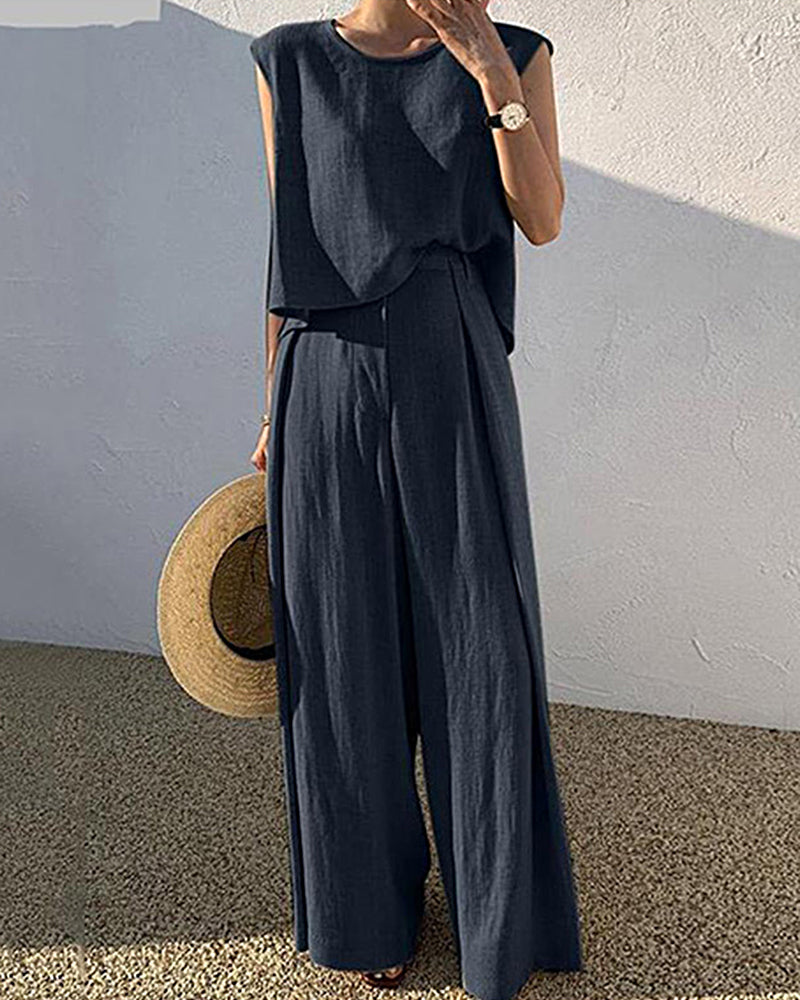 Sleeveless Suits Solid Sets Crew Neck Tank Tops And Wide Leg Long Trousers