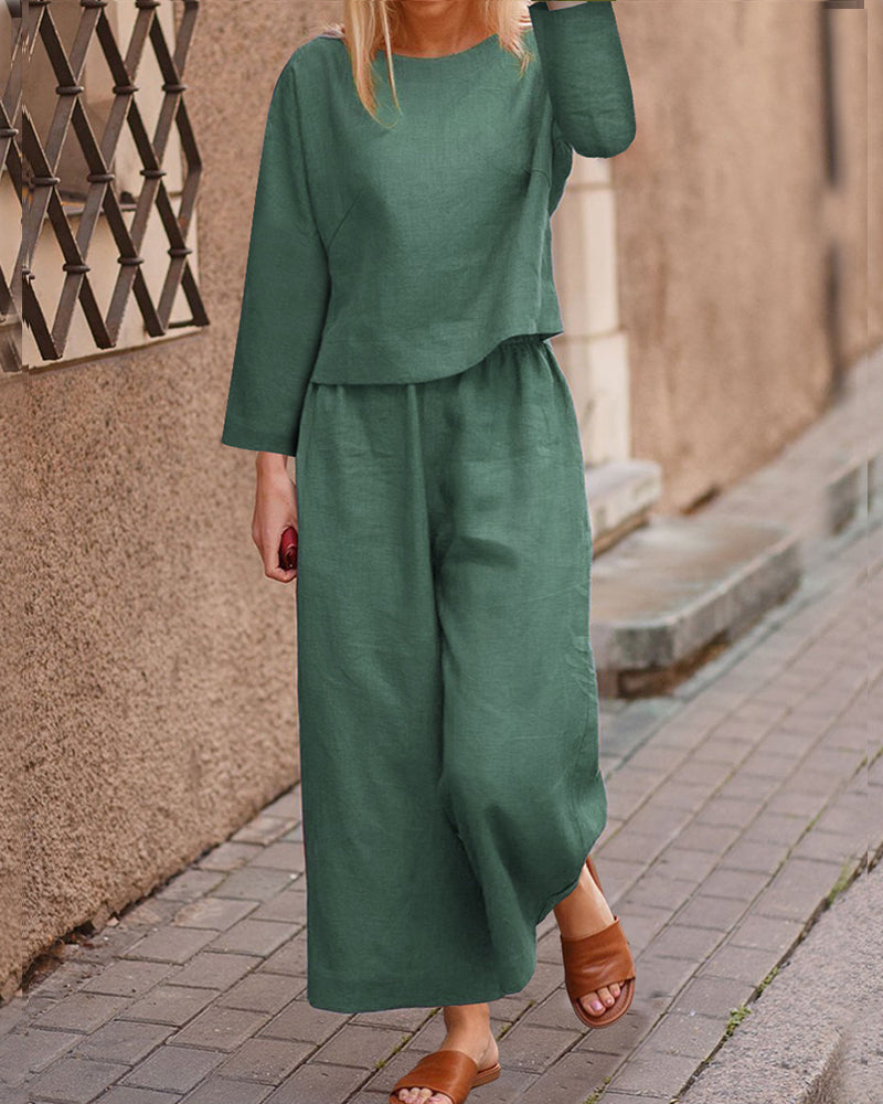 Long Sleeve Tops And Long Wide Leg Pants Casual Loose Fit Two Piece Loungewear Sets