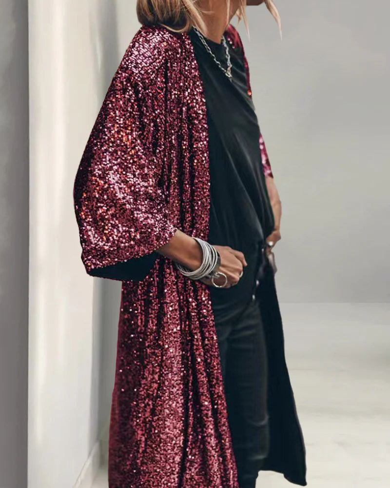 Women 3/4 Sleeve Sequined Kimono Cardigan