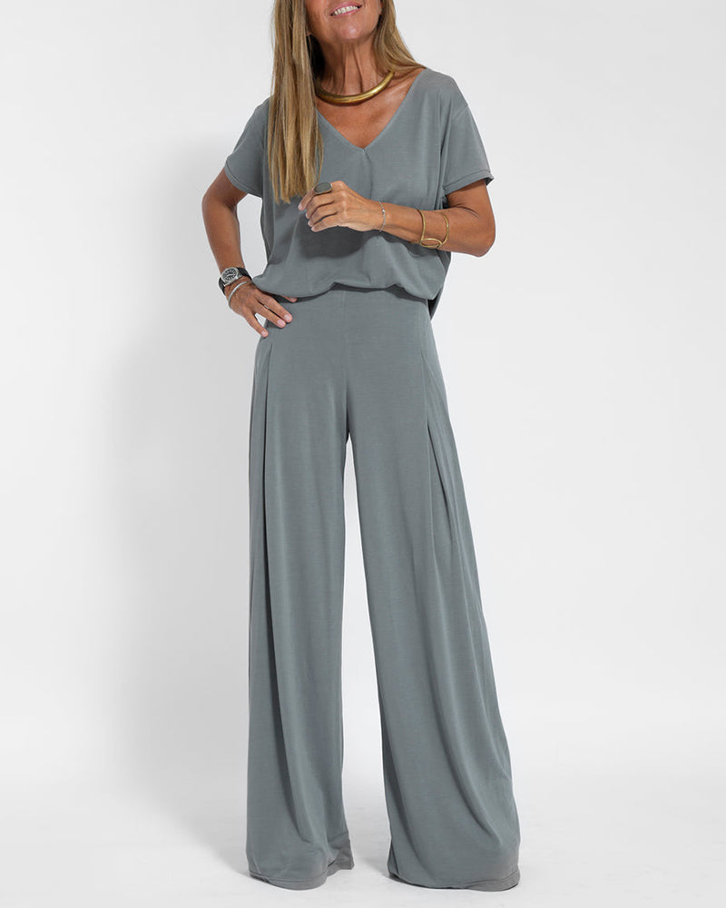 Casual Two Pieces Set Short Sleeve V neck Tops and Wide Leg Long Pants