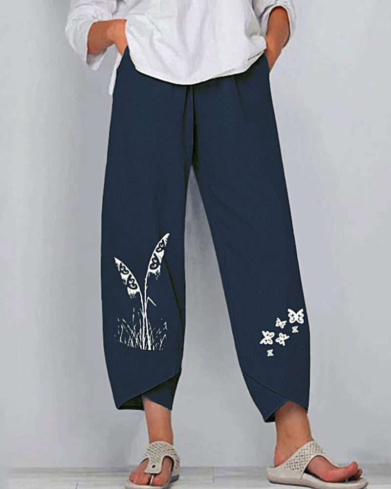 Solid Patchwork Irregular Loose Casual Pants Pocket Elastic Waist Casual Trousers