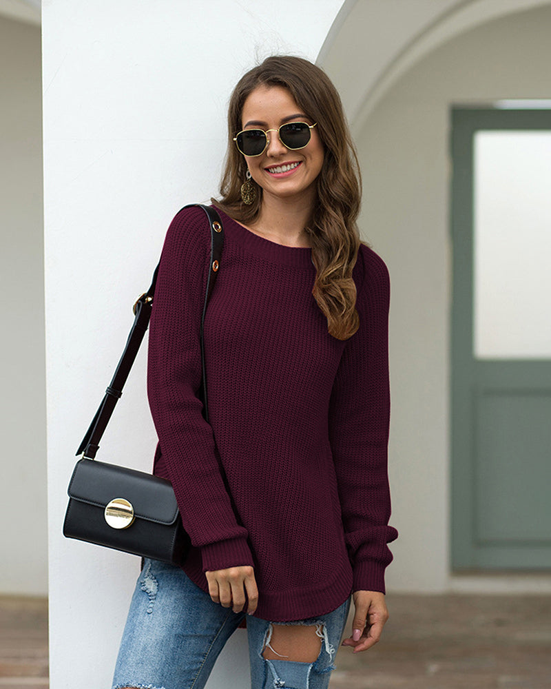 Crew Neck Long Sleeve Slit Pullover Knit Sweater