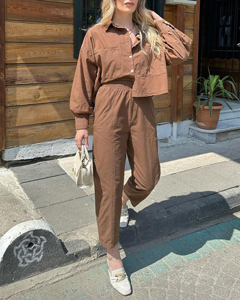 Solid Color Long Sleeve Crop Top with Pockets and High Waisted Nine-Quarter Pants Two-Piece Set