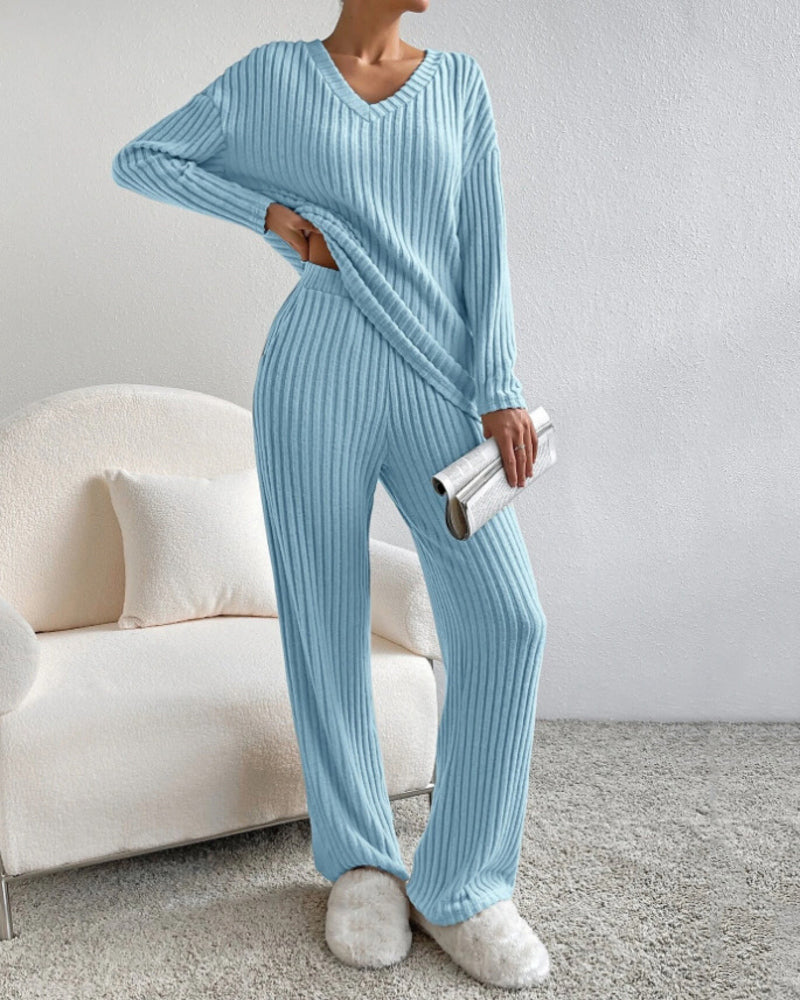 Women's Two Pieces Sets Ribbed Knit V-Neck Long-Sleeve Top & Pants Set