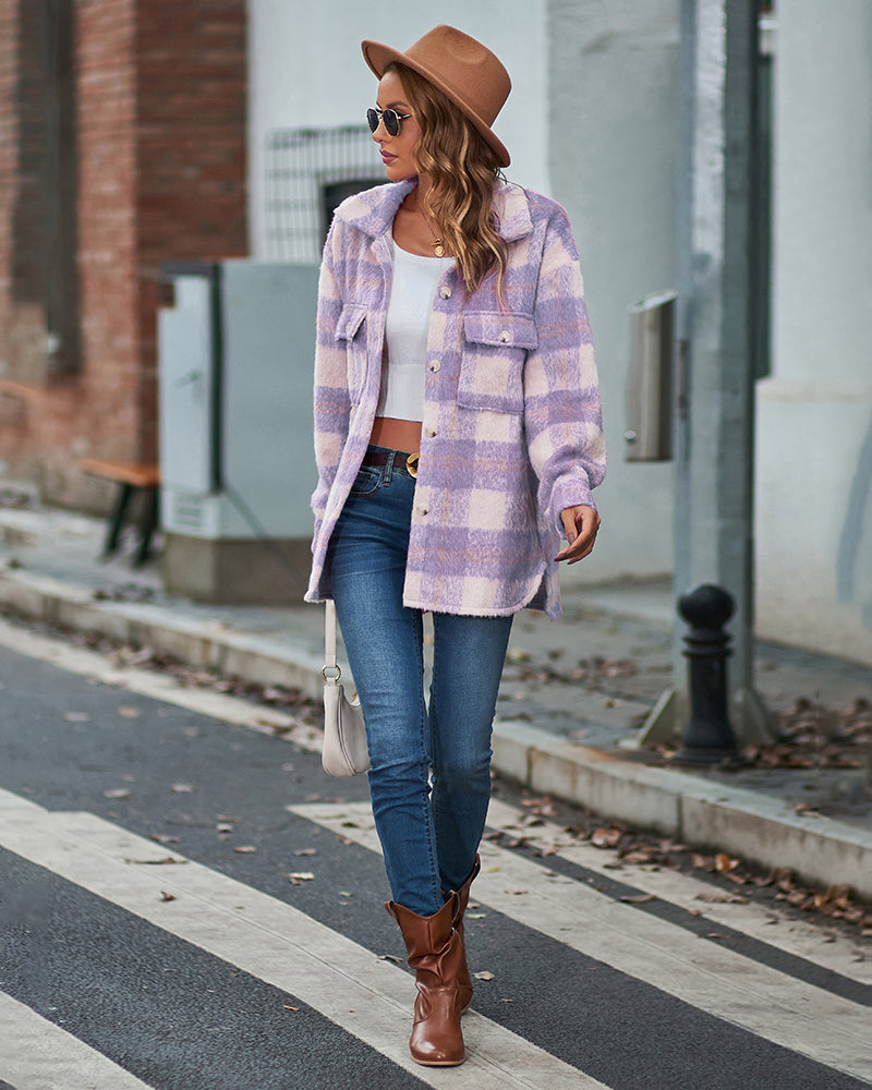 Plaid Fuzzy Longline Jacket with Pockets