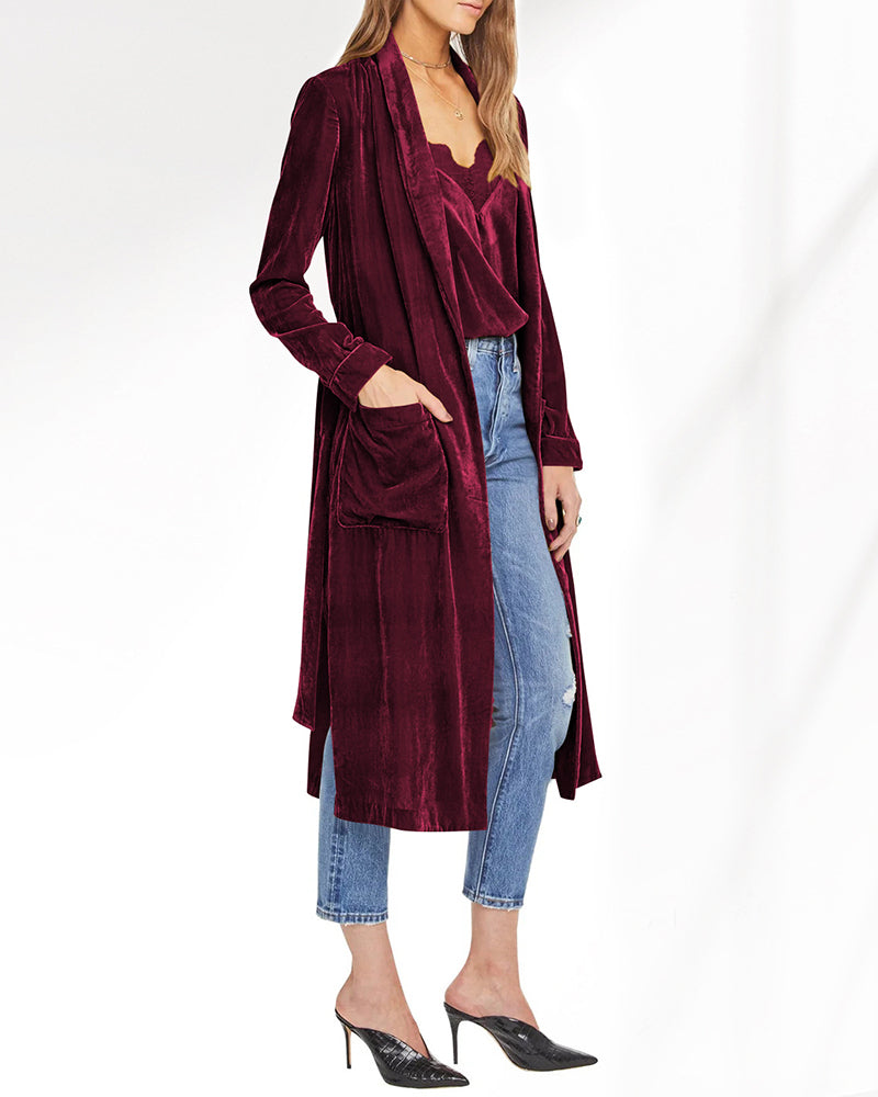 Long Velvet Cardigan Jacket Casual Open Front Velour Lapel Cardigan Maxi Blazer