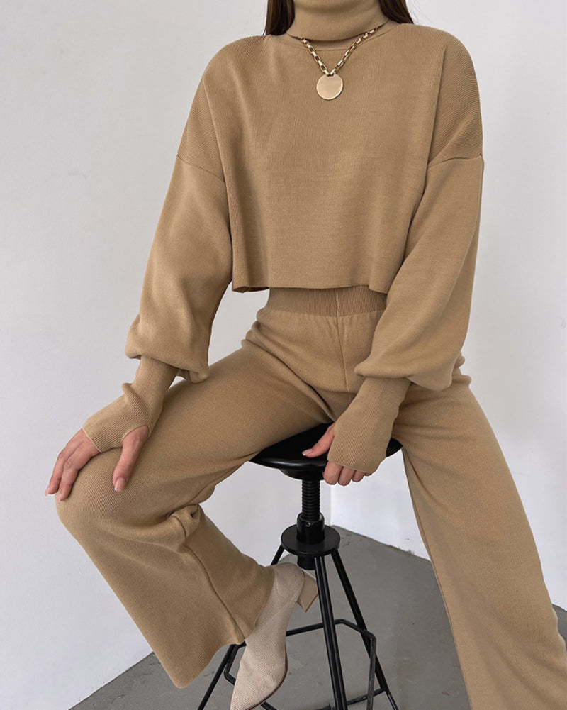 Women's Knitted Two Pieces Sets Turtleneck Cropped Sweater with High-waisted Flared Pants