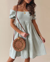 Off Shoulder Summer Casual Dresses Solid Loose Fit Short Flowy Pleated Dress Swing Beach Sundress