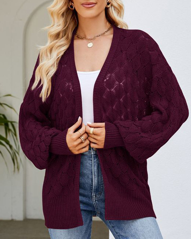 Solid Color Hollowed Out Knitted Cardigan Loose V-Neck Long Sleeved Cardigan Top