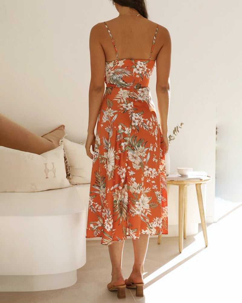 Spaghetti Strap Midi Dresses Sexy Deep V Neck Backless Floral Print Side Slit Maxi Dress