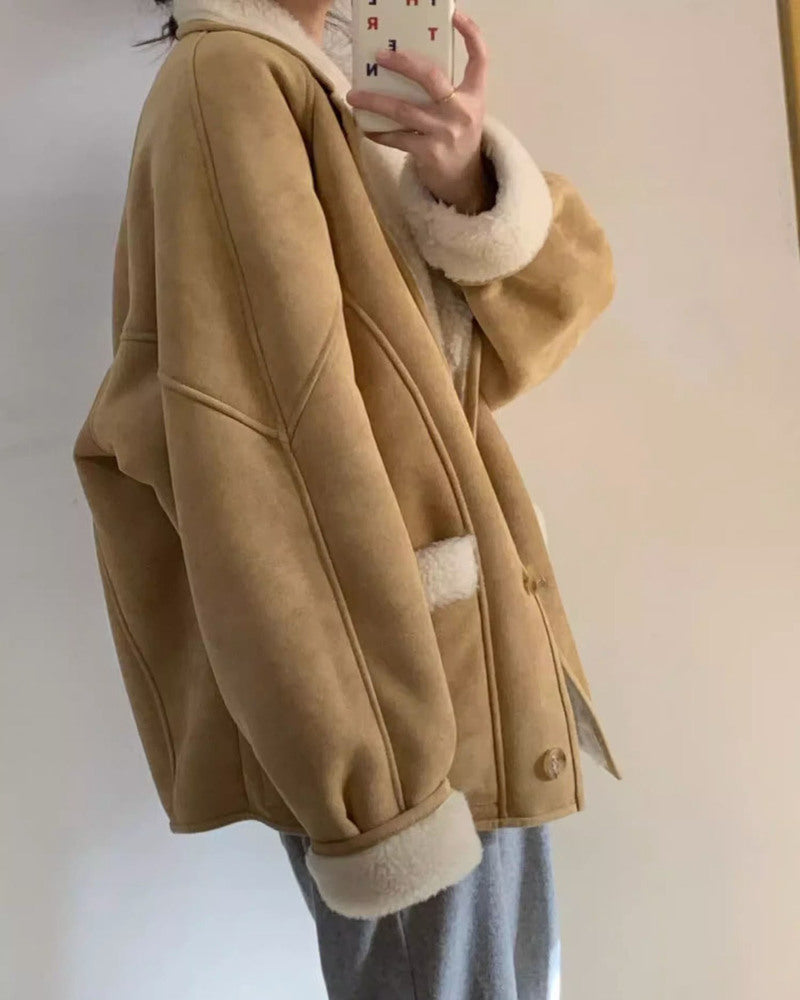 Lamb Wool Jackets Turn-down Collar Loose Fur Coat