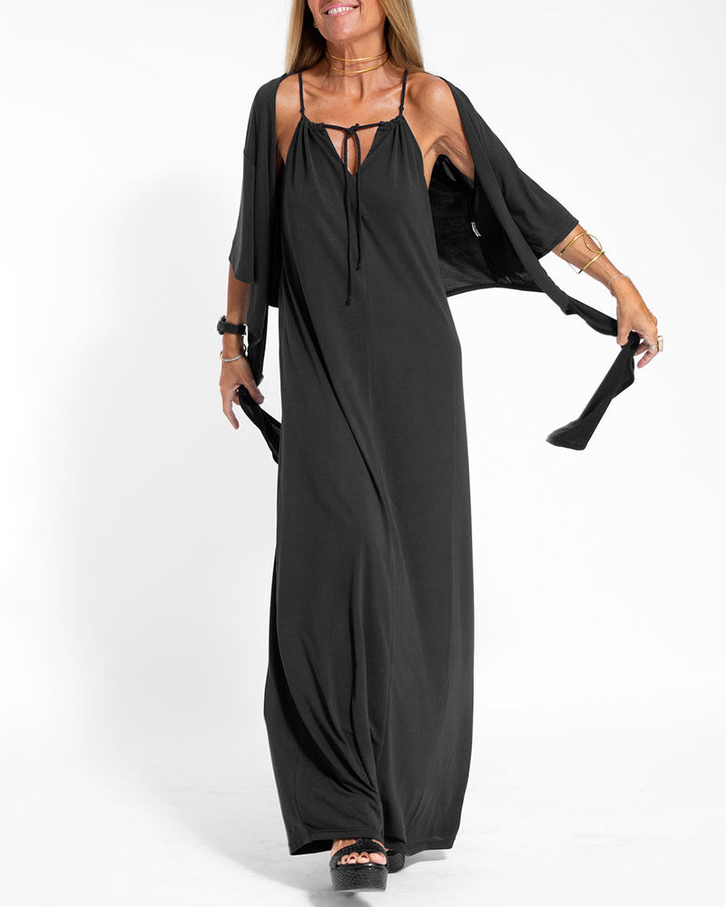 Two-piece Halterneck Tie Sleeveless Long Dress and Irregular Cardigan Set