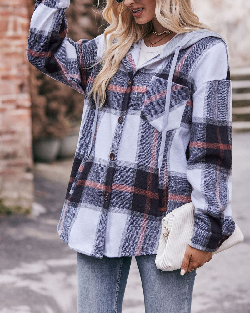 Casual Mid-length Plaid Shirt Hooded Jacket