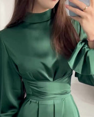 Long Sleeve Belted Puff Sleeve Green Elegant Dress