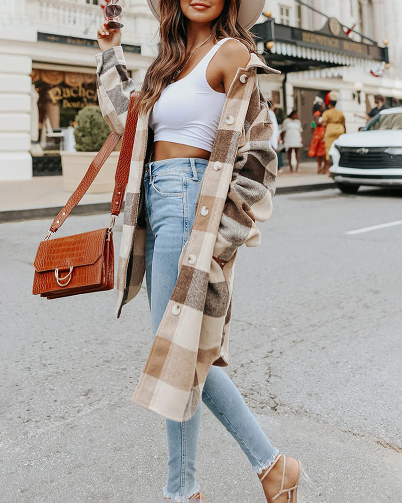 Knee Length Lapel Plaid Flannel Shirt Jacket