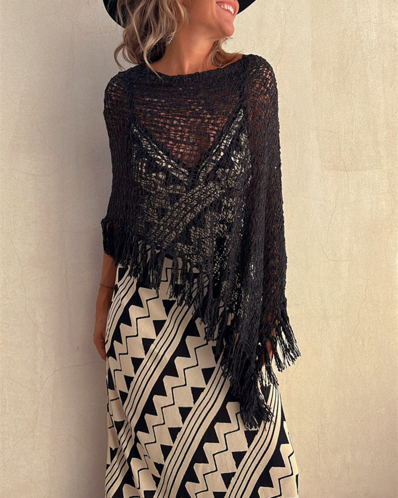 Dolman Sleeve Fringe Knit Sweater Pullover Cape Shawl Blouse